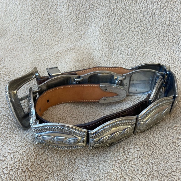Vintage BRIGHTON Brown Leather Belt 1993~Metal Rope Design Western Concho  Heavy - Picture 1 of 12